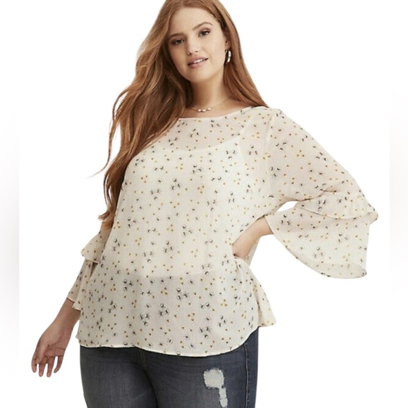Torrid Floral Sheer Chiffon Bell Sleeve Cross Back Strap Blouse - Picture 1 of 6